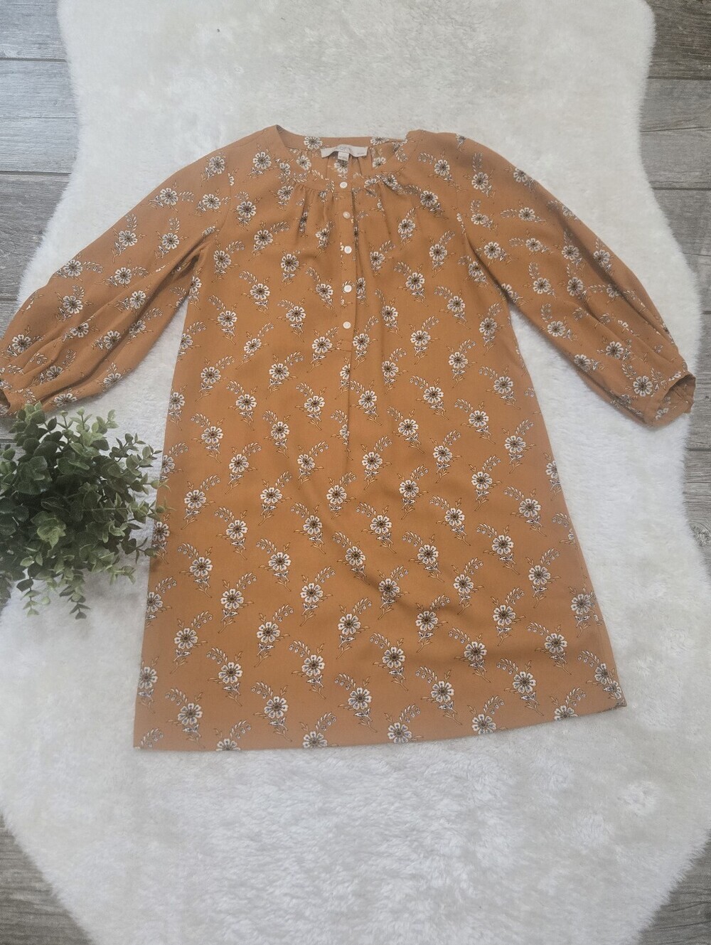 LOFT Mustard Yellow Floral Button Front Shift Dress Balloon Sleeve. XSP